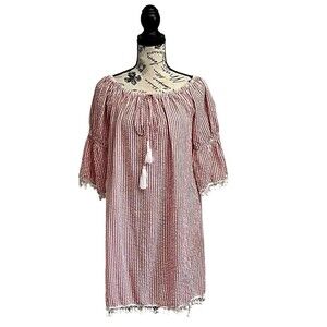 Gianni Bini Searsucker Womens Striped Off The Should Tasseled Mini Dress M Beach